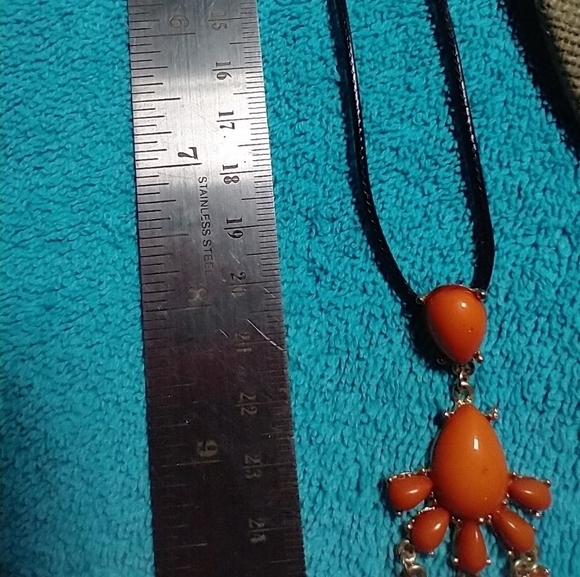 Goldtone orange abstract dangle necklace black cord - Picture 2 of 4